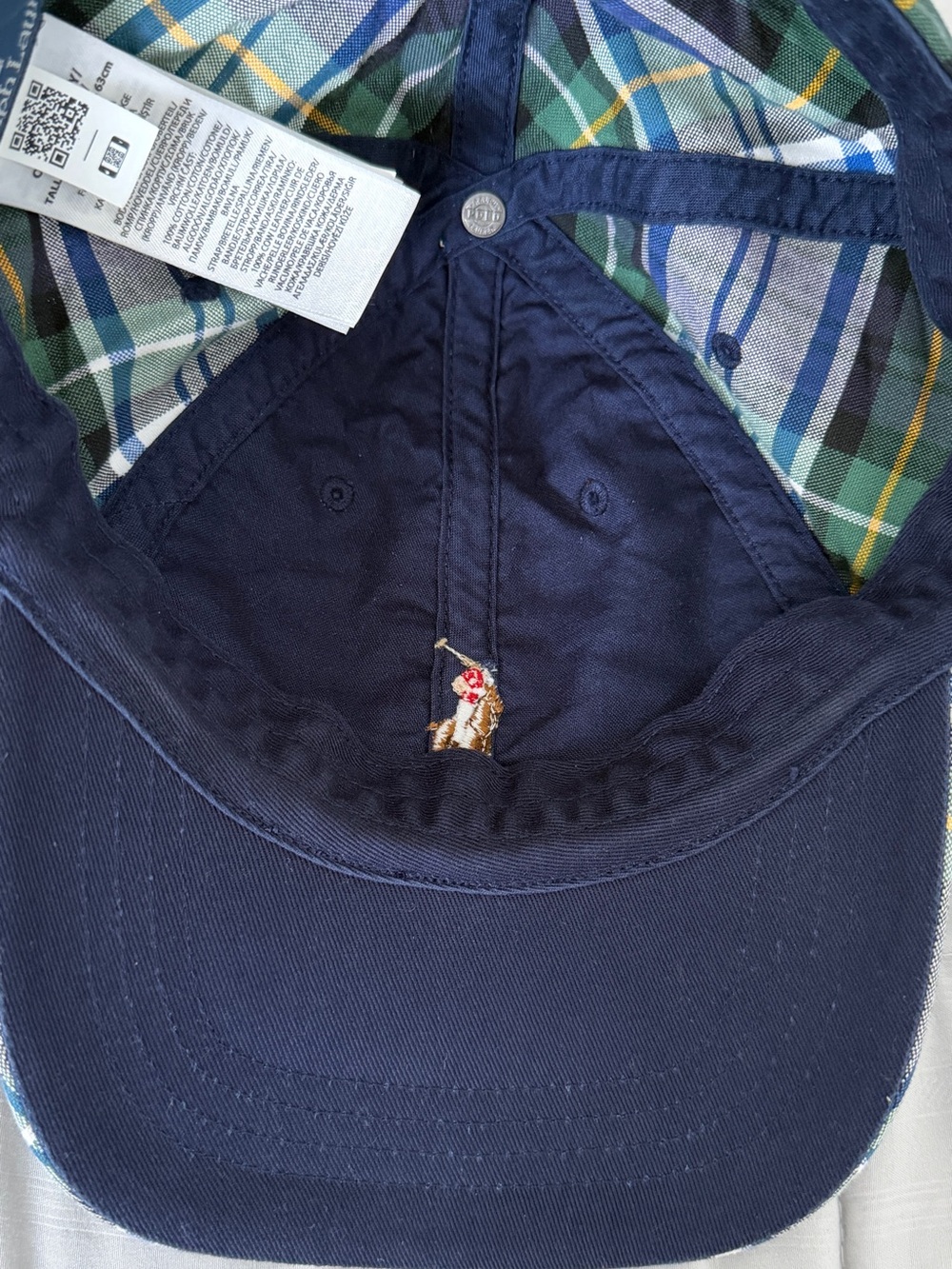 Polo by Ralph Lauren Navy, Green & White Plaid Cap with Brown Leather Strap - Picture 4 of 5